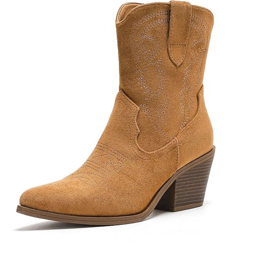 Women's Brown Western Booties with Pointed Toe Stylish Short Booties Block Heel